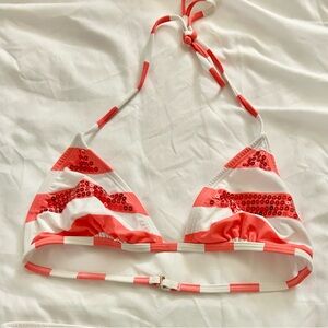 Xhiliration Target Bikini Top Coral & White Stripe S